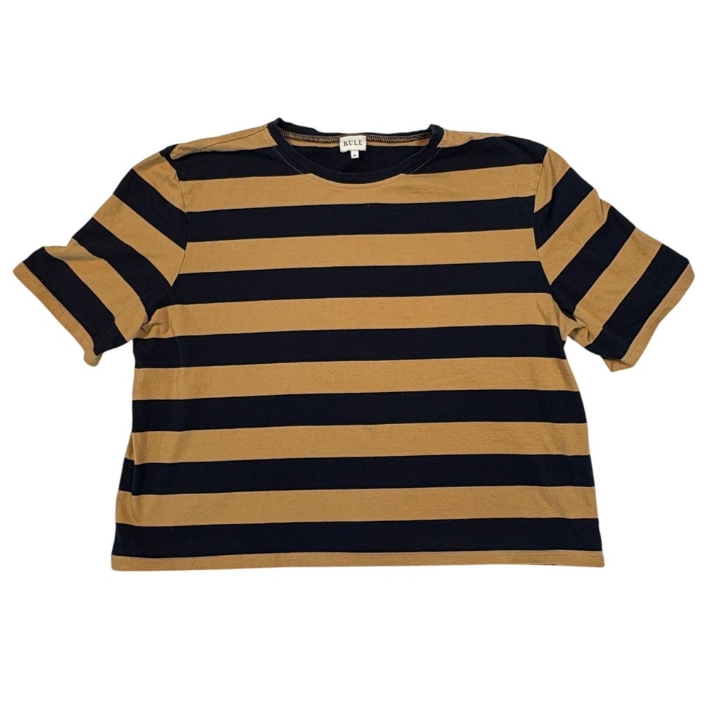 KULE Striped Short Sleeve Cotton T-Shirt Navy Blue Camel Tan Boxy Crop Medium